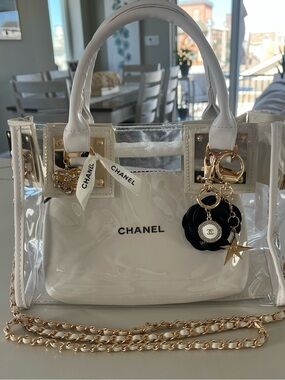 Custom Upcycled Chanel Beauté Clear Bag w Authentic Charms, Ribbon & Makeup Bag